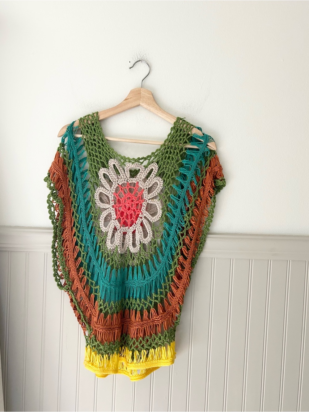 Handmade Multicolor Crochet Flower Boho Open Knit Top Lightweight Summer